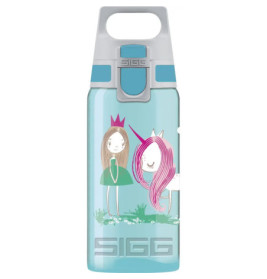 Hellblaue Trinkflasche mit Zeichnung eines Mädchens mit Krone und eines Einhorns mit rosa Mähne auf der Vorderseite.