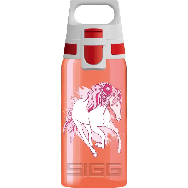 Pinkfarbene Trinkflasche mit weißem Einhornmotiv sowie weiß-rotem Klappdeckel. Pinkfarbene Trinkflasche mit weißem Einhornmotiv sowie weiß-rotem Klappdeckel.