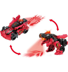 Rotes Spielzeugauto verwandelt sich mit Pfeilen in einen Dinosaurier, der rotes Licht schießt.