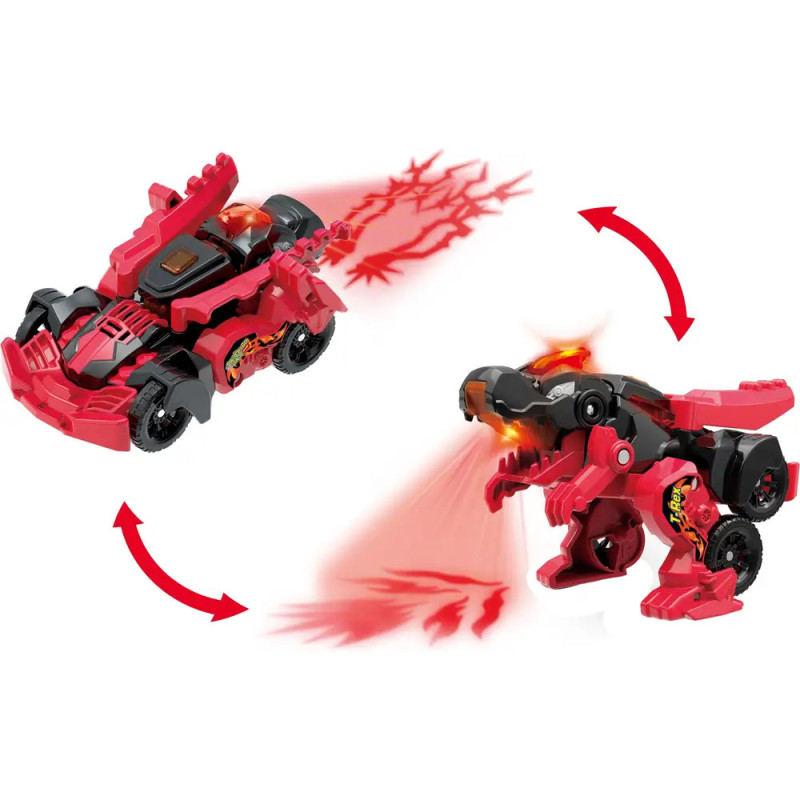 Rotes Spielzeugauto verwandelt sich mit Pfeilen in einen Dinosaurier, der rotes Licht schießt. Rotes Spielzeugauto verwandelt sich mit Pfeilen in einen Dinosaurier, der rotes Licht schießt.