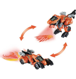 Oranges Spielzeug verwandelt sich vom Auto in einen Roboter-Dinosaurier, rote Pfeile zeigen die einzelnen Schritte.