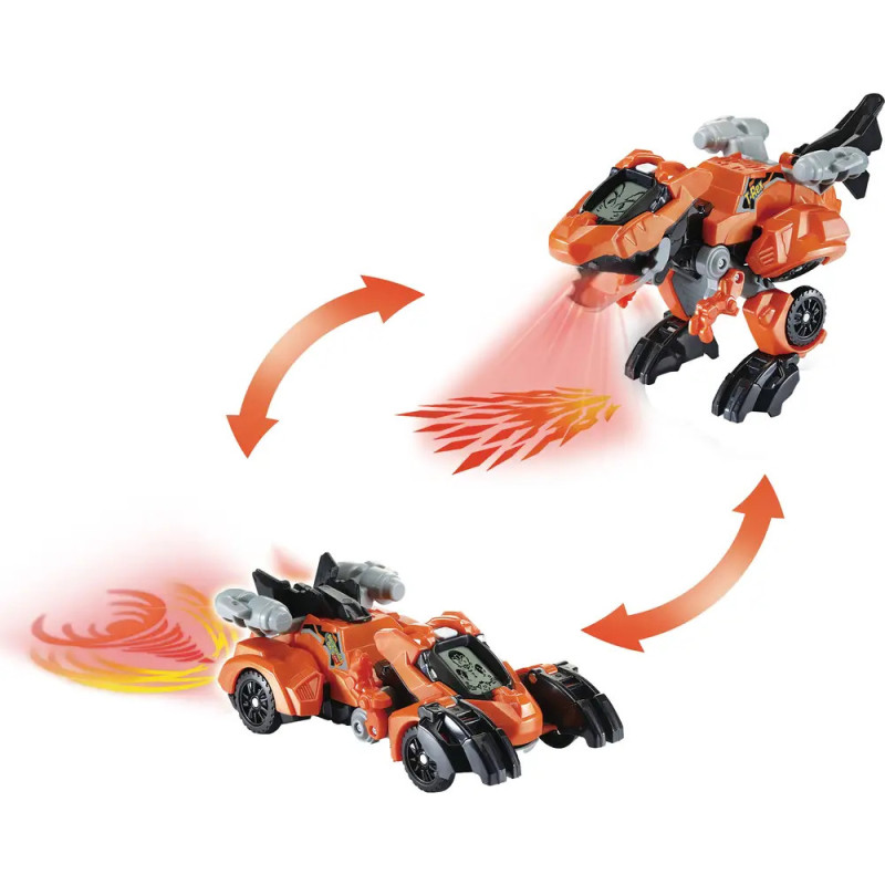 Oranges Spielzeug verwandelt sich vom Auto in einen Roboter-Dinosaurier, rote Pfeile zeigen die einzelnen Schritte. Oranges Spielzeug verwandelt sich vom Auto in einen Roboter-Dinosaurier, rote Pfeile zeigen die einzelnen Schritte.