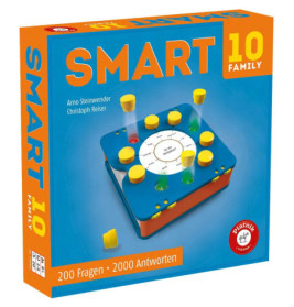 Blau-orangefarbene Box des Quizspiels SMART 10 Family mit Spiel und Teilen, Beschriftung auf Deutsch.
