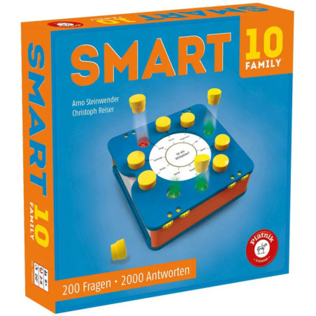 Blau-orangefarbene Box des Quizspiels SMART 10 Family mit Spiel und Teilen, Beschriftung auf Deutsch.