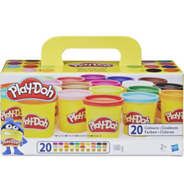 Play-Doh-Set mit 20 Farben in Schachtel mit gelbem Griff, vorne sind bunte Play-Doh-Dosen abgebildet.