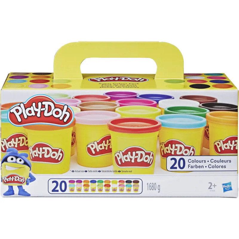 Play-Doh-Set mit 20 Farben in Schachtel mit gelbem Griff, vorne sind bunte Play-Doh-Dosen abgebildet. Play-Doh-Set mit 20 Farben in Schachtel mit gelbem Griff, vorne sind bunte Play-Doh-Dosen abgebildet.