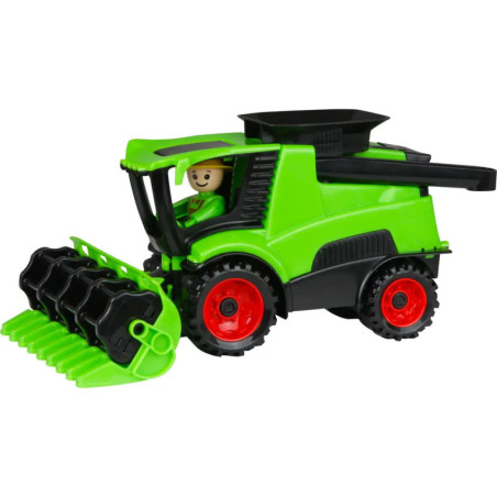 Grüner Spielzeug-Mähdrescher mit roten Rädern und einer lächelnden Figur in der Fahrerkabine.