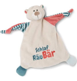 Plüsch-Schmusebär mit Schriftzug Schlaf RäuBär, gestreiften Armen und blauen sowie rosa Akzenten.