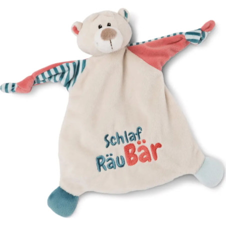 Plüsch-Schmusebär mit Schriftzug Schlaf RäuBär, gestreiften Armen und blauen sowie rosa Akzenten. Plüsch-Schmusebär mit Schriftzug Schlaf RäuBär, gestreiften Armen und blauen sowie rosa Akzenten.