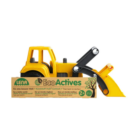 Gelber Spielzeug-Bagger in umweltfreundlicher Verpackung mit EcoActives-Aufdruck, ab 2 Jahren geeignet.