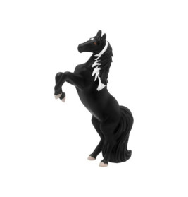 Schwarze Pferdefigur mit weißer Mähne und Schweif aufrecht stehend vor weißem Hintergrund.
