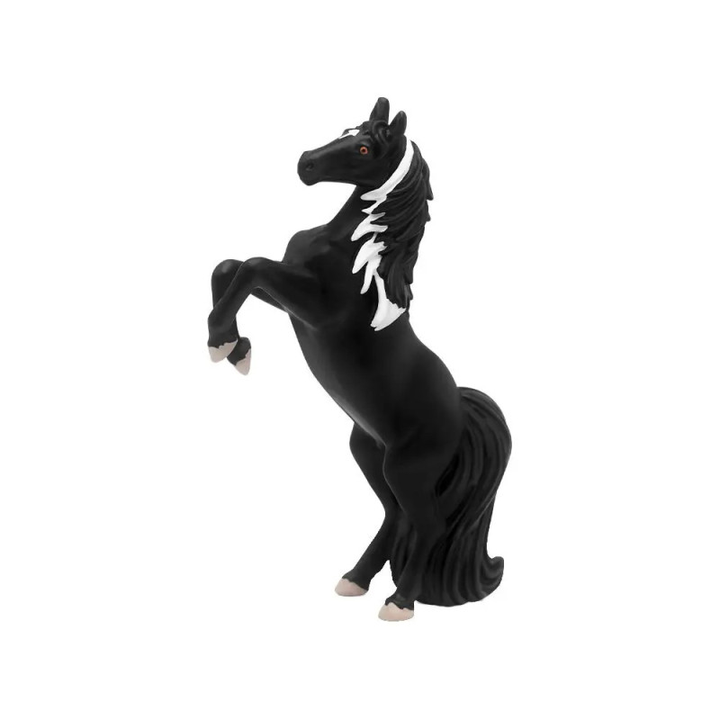 Schwarze Pferdefigur mit weißer Mähne und Schweif aufrecht stehend vor weißem Hintergrund. Schwarze Pferdefigur mit weißer Mähne und Schweif aufrecht stehend vor weißem Hintergrund.