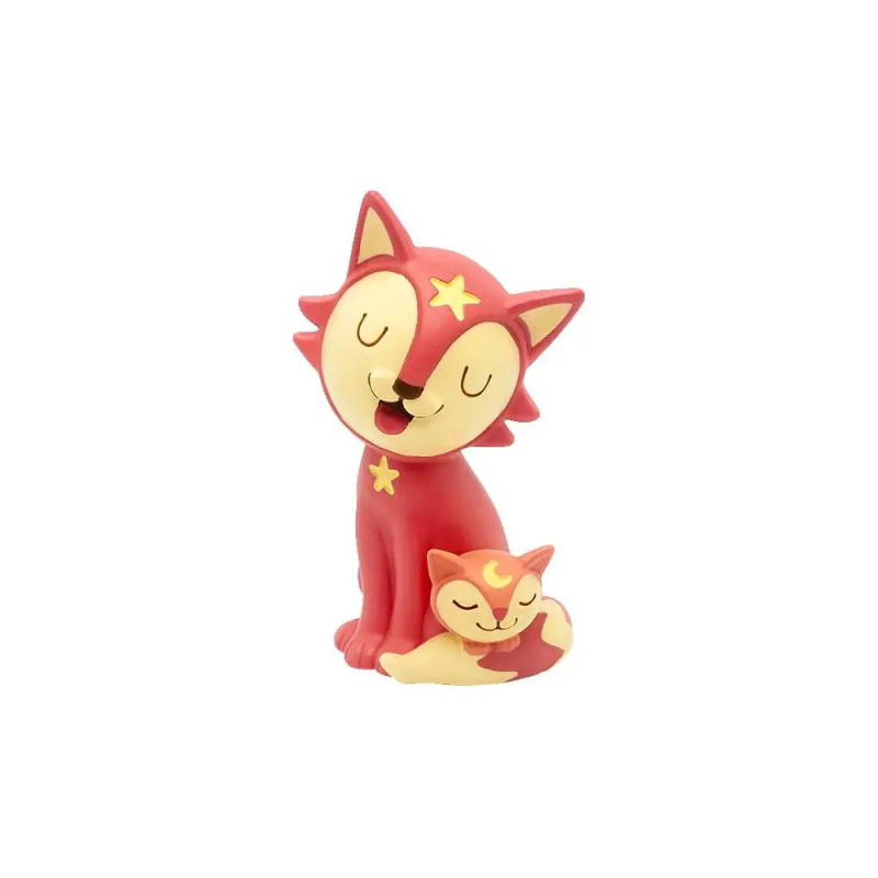 Rote und gelbe Cartoon-Katze mit Sternen sitzt aufrecht, eine kleinere Katze liegt zusammengerollt zu ihren Füßen. Rote und gelbe Cartoon-Katze mit Sternen sitzt aufrecht, eine kleinere Katze liegt zusammengerollt zu ihren Füßen.