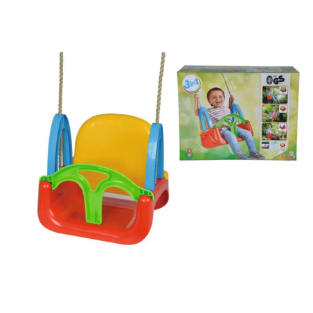 Bunter Kinderschaukelsitz aus Kunststoff mit Seilen, daneben die Verpackung mit Bild eines lachenden Kindes auf der Schaukel. Bunter Kinderschaukelsitz aus Kunststoff mit Seilen, daneben die Verpackung mit Bild eines lachenden Kindes auf der Schaukel.