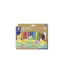 Schachtel mit 12 bunten Wachsmalstiften, Cartoon-Frosch und Vogel auf der Verpackung, Aufschrift Noris junior.