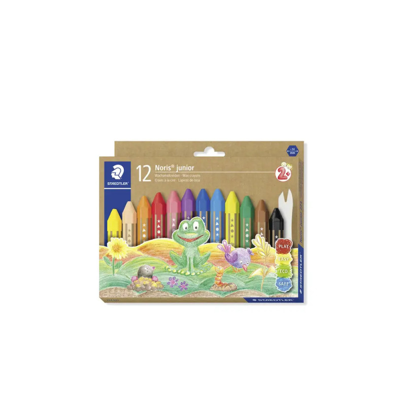 Schachtel mit 12 bunten Wachsmalstiften, Cartoon-Frosch und Vogel auf der Verpackung, Aufschrift Noris junior.