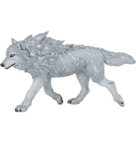 Graue und weiße Wolfsfigur mit strukturierendem Fell und blauen Akzenten, im Gehen, Kopf leicht zur Seite gedreht.