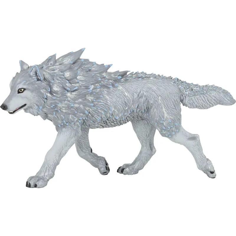 Graue und weiße Wolfsfigur mit strukturierendem Fell und blauen Akzenten, im Gehen, Kopf leicht zur Seite gedreht. Graue und weiße Wolfsfigur mit strukturierendem Fell und blauen Akzenten, im Gehen, Kopf leicht zur Seite gedreht.
