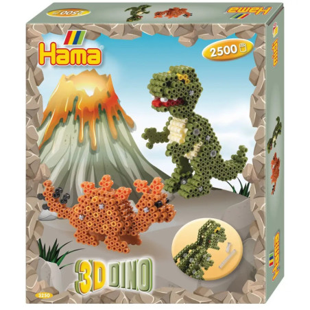 Hama 3D Dino Perlen-Set: Grüner T-Rex und orangefarbener Dino vor einem Vulkan auf der Verpackung.