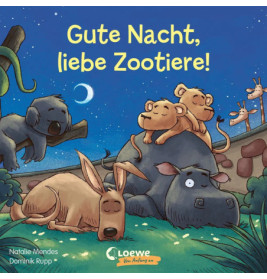 Illustration schlafender Zootiere unter Nachthimmel mit Sichelmond und Sternen.