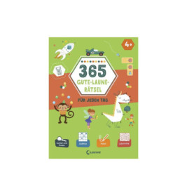 Grünes Rätselbuch mit Tieren, Kindern und Ikonen. Titel: 365 Gute-Laune-Rätsel.