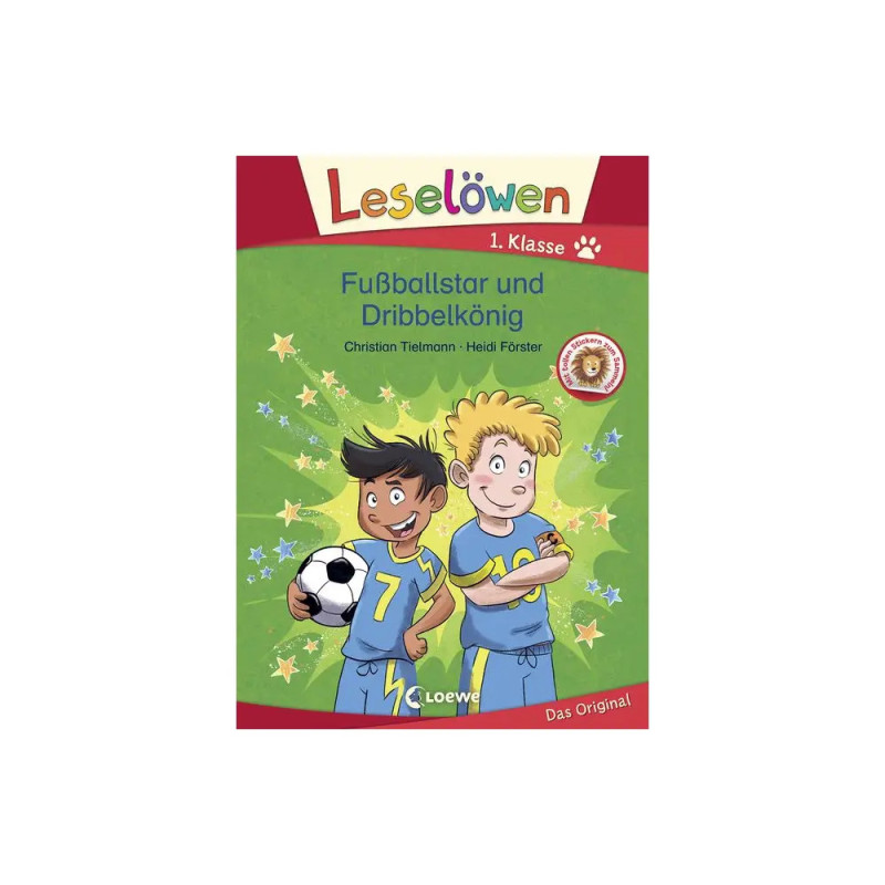 Buchcover mit zwei Jungen, einer hält einen Fußball, unter dem Titel Fußballstar und Dribbelkönig.