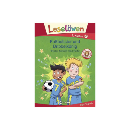 Buchcover mit zwei Jungen, einer hält einen Fußball, unter dem Titel Fußballstar und Dribbelkönig.