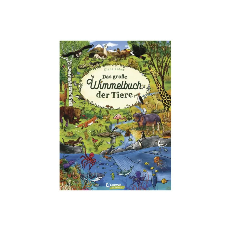 Buntes Buchcover mit Tieren in der Natur, Titel auf Deutsch: Das große Wimmelbuch der Tiere. Buntes Buchcover mit Tieren in der Natur, Titel auf Deutsch: Das große Wimmelbuch der Tiere.