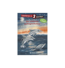 Drei Delfine springen bei Sonnenuntergang ins Meer deutscher Titel über Delfingeschichten für Leseanfänger.