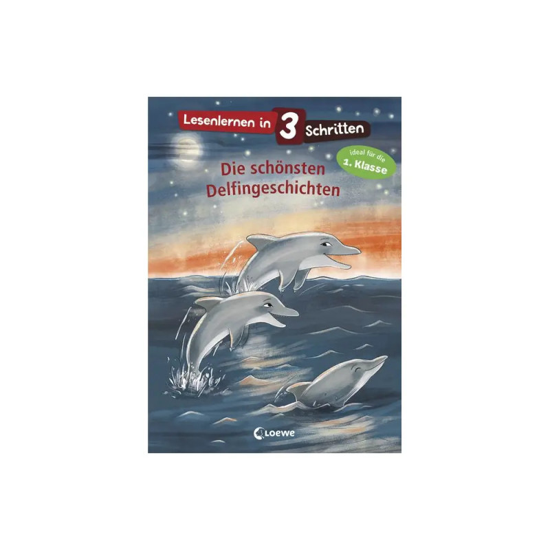 Drei Delfine springen bei Sonnenuntergang ins Meer deutscher Titel über Delfingeschichten für Leseanfänger.