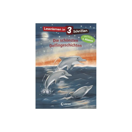 Drei Delfine springen bei Sonnenuntergang ins Meer deutscher Titel über Delfingeschichten für Leseanfänger.