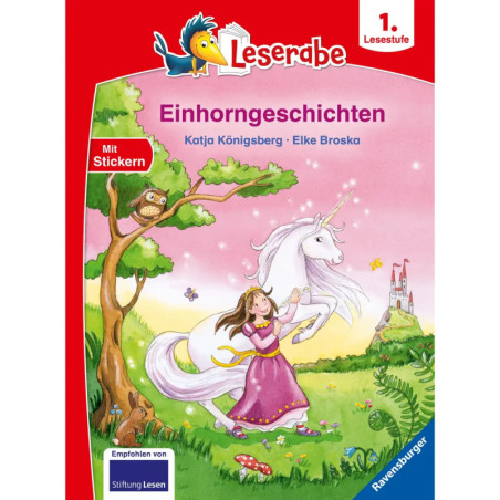 Ein Mädchen im lila Kleid steht neben einem weißen Einhorn auf einer bunten Kinderbuch-Coverwiese.