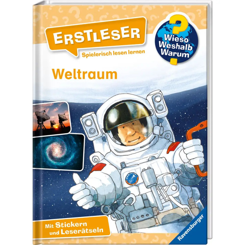 Kinderbuch-Cover mit Astronaut, Weltraummotiven und deutschem Text über Lesenlernen und das Weltall.