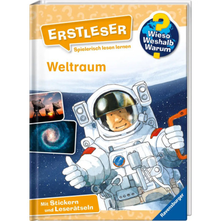 Kinderbuch-Cover mit Astronaut, Weltraummotiven und deutschem Text über Lesenlernen und das Weltall.