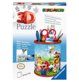 Super Mario 3D Puzzle-Organizer mit Schreibwaren und Figuren auf dem Behälter, von Ravensburger.