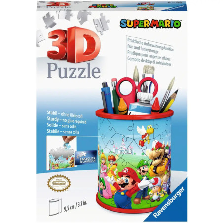 Super Mario 3D Puzzle-Organizer mit Schreibwaren und Figuren auf dem Behälter, von Ravensburger.