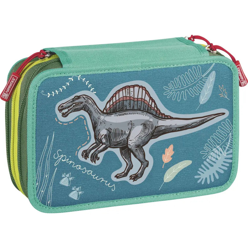 Blau-grünes Federmäppchen mit Spinosaurus- und Blättermotiv sowie roten Reißverschlusszippern.