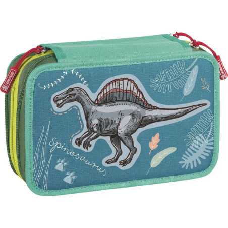 Blau-grünes Federmäppchen mit Spinosaurus- und Blättermotiv sowie roten Reißverschlusszippern.