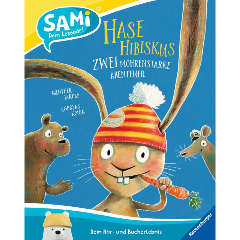 Gezeichneter Hase mit gestreifter Mütze und Karotte, im Hintergrund zwei lächelnde Bären. Gezeichneter Hase mit gestreifter Mütze und Karotte, im Hintergrund zwei lächelnde Bären.