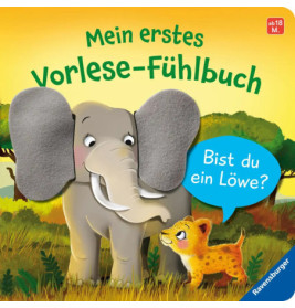Cartoon-Elefant und Löwenjunges auf Wiese, dazu deutscher Text über ein Fühlbuch.