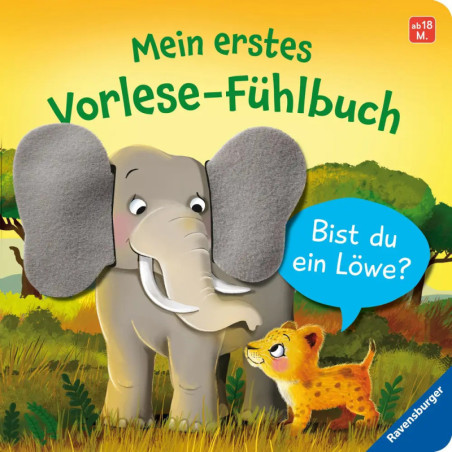 Cartoon-Elefant und Löwenjunges auf Wiese, dazu deutscher Text über ein Fühlbuch.