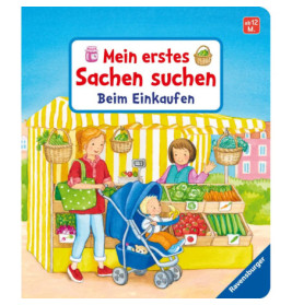 Eine Mutter mit Kinderwagen und Kind kauft an einem Obststand auf dem Markt ein. Kindgerechte Illustration.