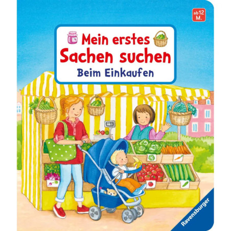 Eine Mutter mit Kinderwagen und Kind kauft an einem Obststand auf dem Markt ein. Kindgerechte Illustration.