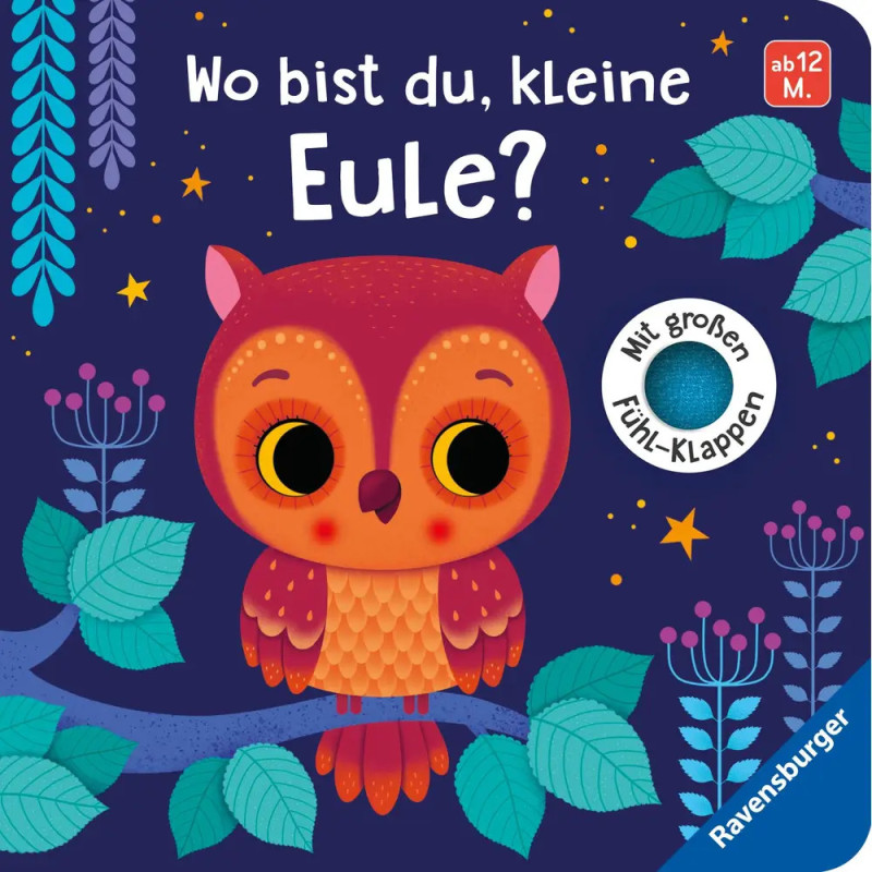 Gezeichnete Eule auf Ast vor dunkelblauem Sternenhimmel mit dem deutschen Text Wo bist du, kleine Eule?.