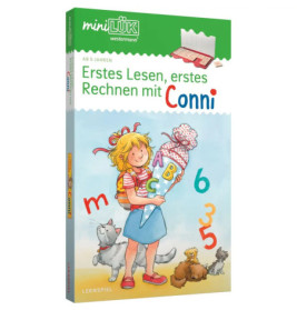 Mädchen mit Schulranzen, Zuckertüte, Katze und Hund. Titel: Erstes Lesen, erstes Rechnen mit Conni.