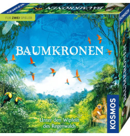 Baumkronen-Spielschachtel mit Regenwald, Vögeln und grünem Zwei-Spieler-Label.