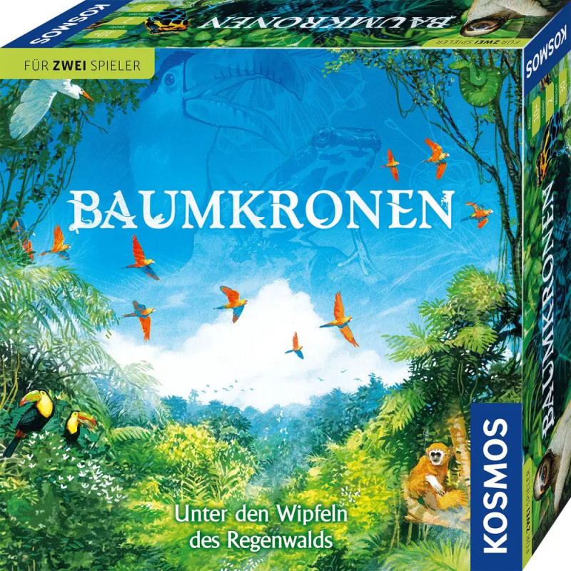Baumkronen-Spielschachtel mit Regenwald, Vögeln und grünem Zwei-Spieler-Label. Baumkronen-Spielschachtel mit Regenwald, Vögeln und grünem Zwei-Spieler-Label.