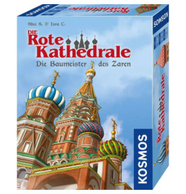 Schachtel des Brettspiels Die Rote Kathedrale mit bunten russischen Kuppeln vor blauem Himmel.
