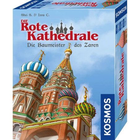 Schachtel des Brettspiels Die Rote Kathedrale mit bunten russischen Kuppeln vor blauem Himmel.