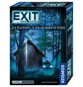 EXIT Das Spiel: Brettspiel-Box mit leuchtender Hütte und Polizeiauto in dunklem, nebligem Wald.
